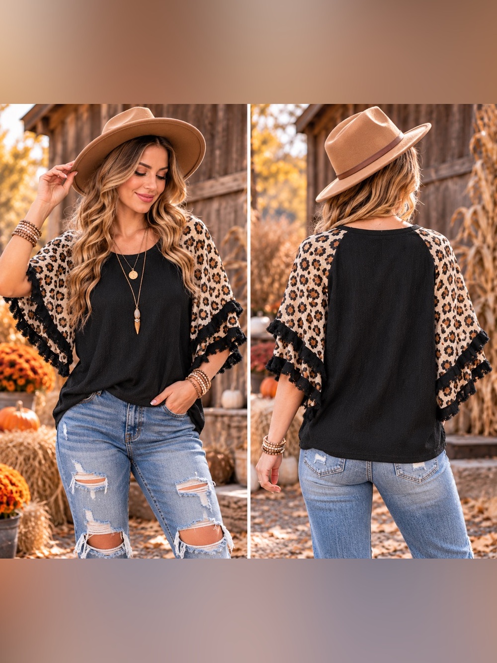 Umgee Black Top with Leopard Print Ruffle Sleeves